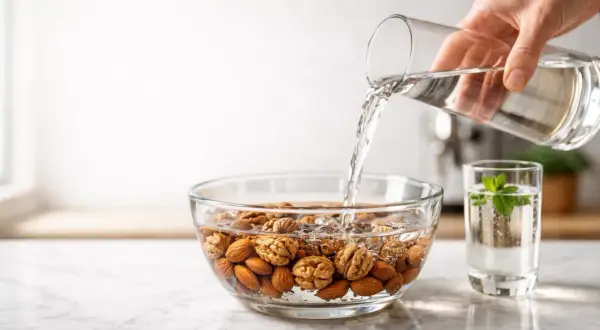 Acqua versata su noci e mandorle in una ciotola. Preparazione per un frullato che non gonfia la pancia, con un bicchiere d'acqua e menta accanto.
