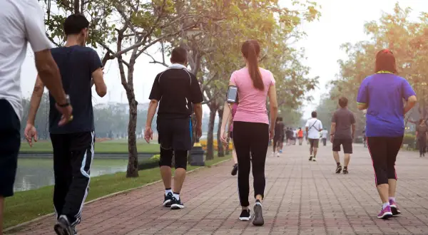 Persone che fanno una camminata metabolica in un parco, godendosi l'aria aperta e il movimento.
