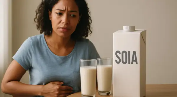 Donna con espressione sofferente tiene la mano sull'addome, accanto a un cartone di latte di soia e due bicchieri. Potrebbe essere un problema di colon irritabile.