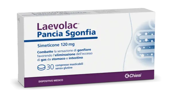 Laevolac Pancia Sgonfia, con simeticone, è un rimedio per il mal di pancia e il gonfiore, che aiuta a eliminare il gas.