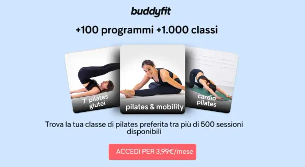 Buddyfit offre oltre 1000 classi di pilates, tra cui glutei, mobility e cardio. Scopri i pro e contro del pilates per trovare la tua sessione ideale.