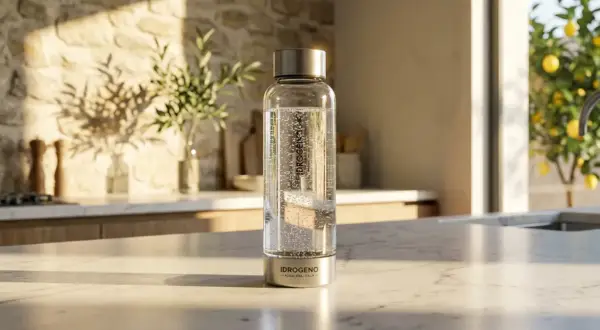 Borraccia in vetro con acqua alcalina frizzante, su un piano cucina in marmo, con un albero di limoni sullo sfondo.