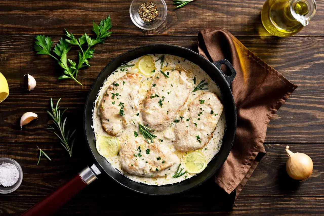 Deliziosa carne bianca in padella con salsa cremosa, limone e rosmarino. Un piatto invitante pronto per essere gustato.