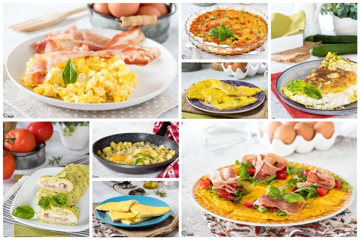 Collage di piatti gustosi con uova e verdure: frittate, omelette, torta salata e uova strapazzate. Perfette ricette con uova e verdure per ogni pasto.
