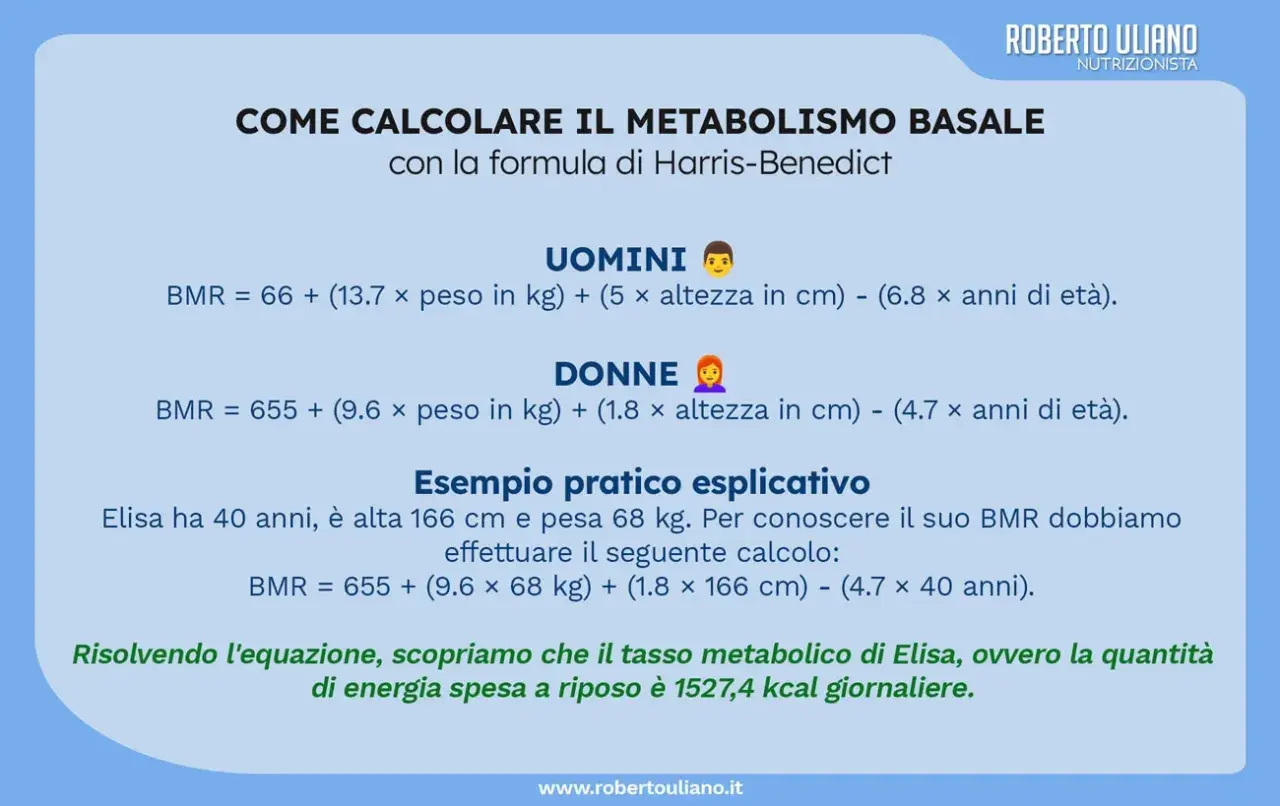 Calcolo del fabbisogno calorico giornaliero con la formula di Harris-Benedict per uomini e donne. Esempio pratico per Elisa.