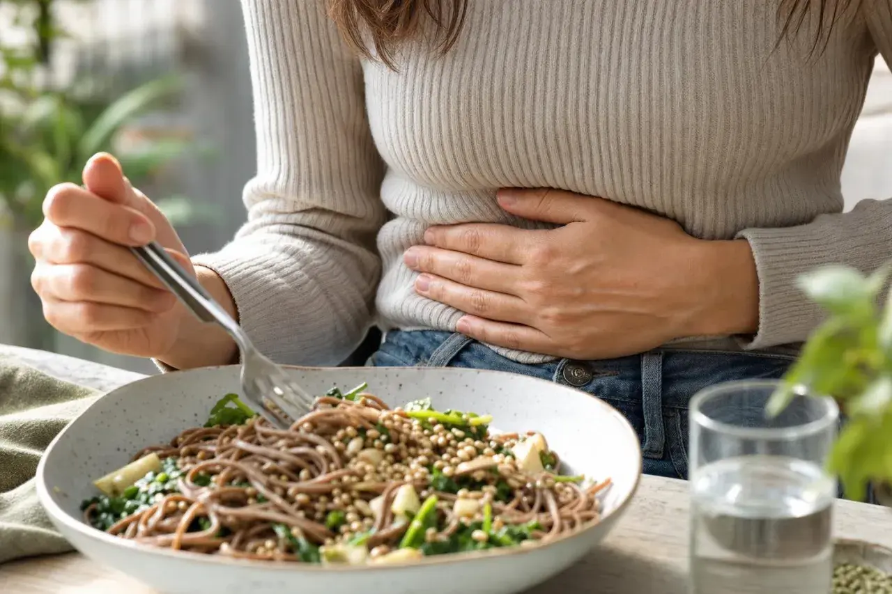 Donna con mano sulla pancia, forse il grano saraceno gonfia la pancia. Piatto di spaghetti integrali con verdure e un bicchiere d'acqua.