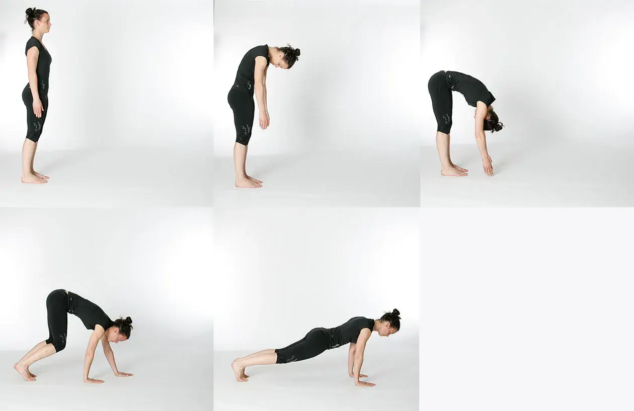 Sequenza di esercizi per il **roll up pilates**: dalla posizione eretta, piegamento in avanti, posizione a quadrupede, plank e ritorno.