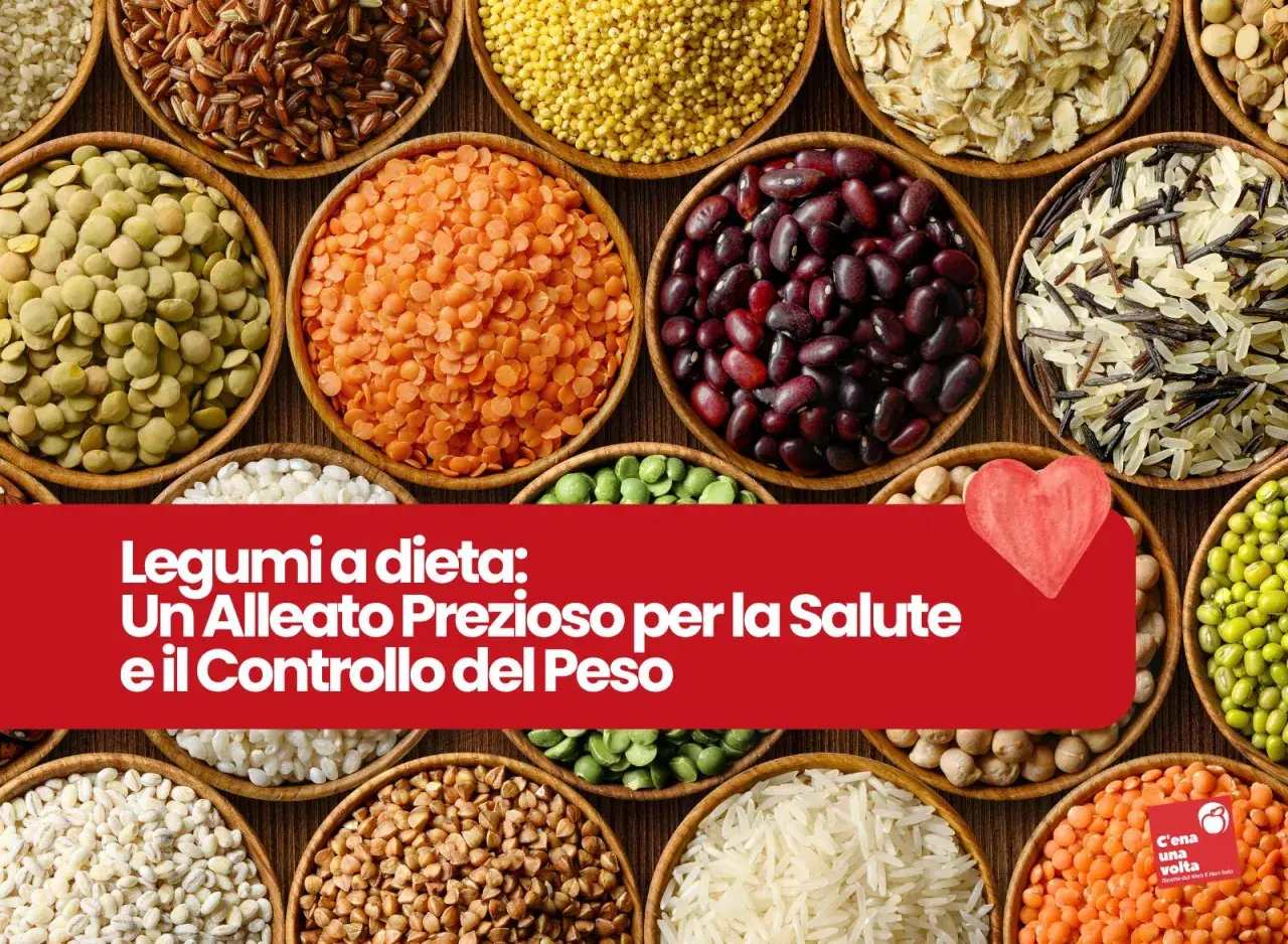 Vari legumi in ciotole, con testo che evidenzia il basso indice glicemico dei legumi, un alleato per salute e peso.