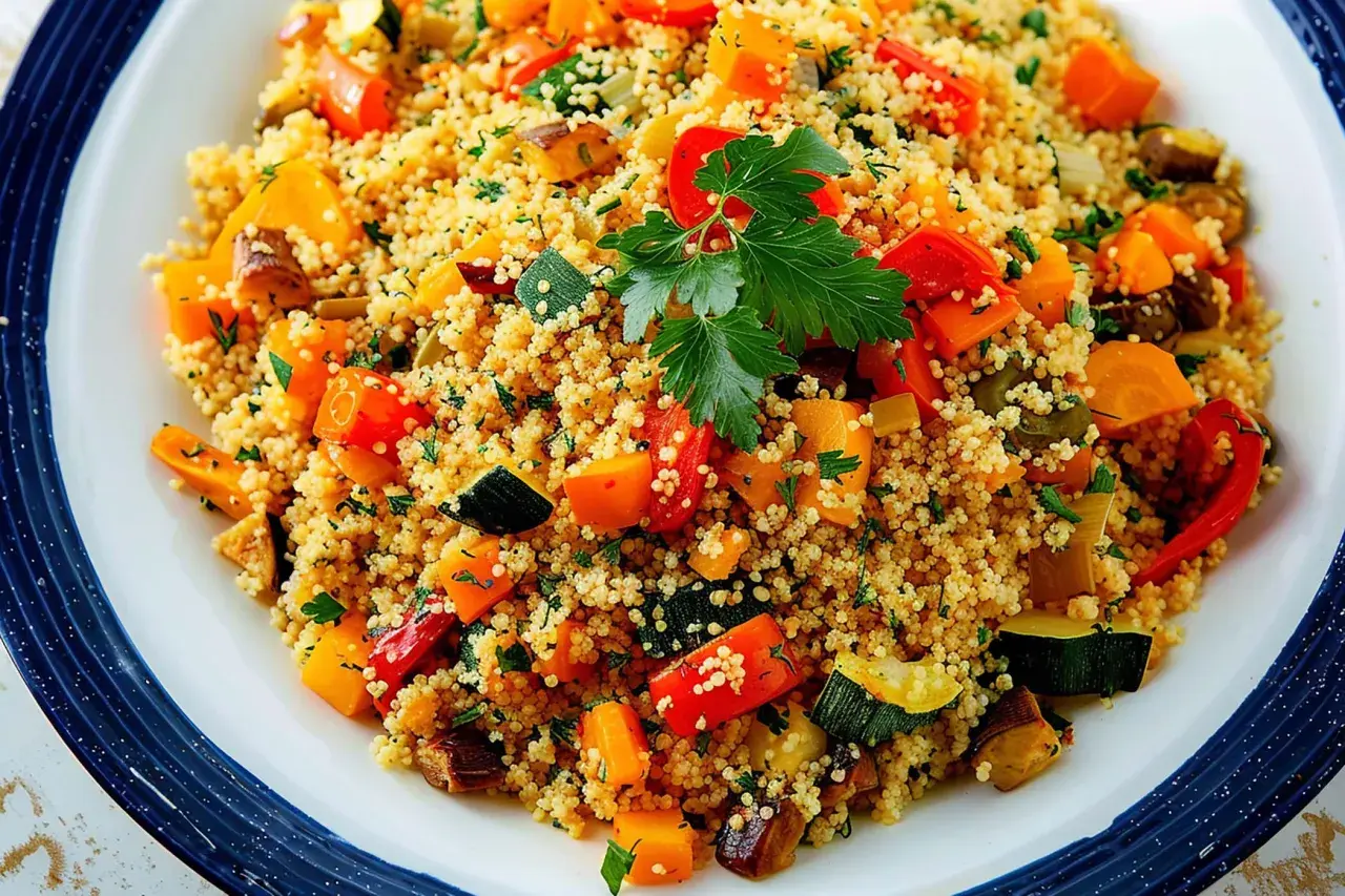 Piatto di cous cous con verdure colorate, ideale per chi soffre di colon irritabile. Un pasto leggero e gustoso.