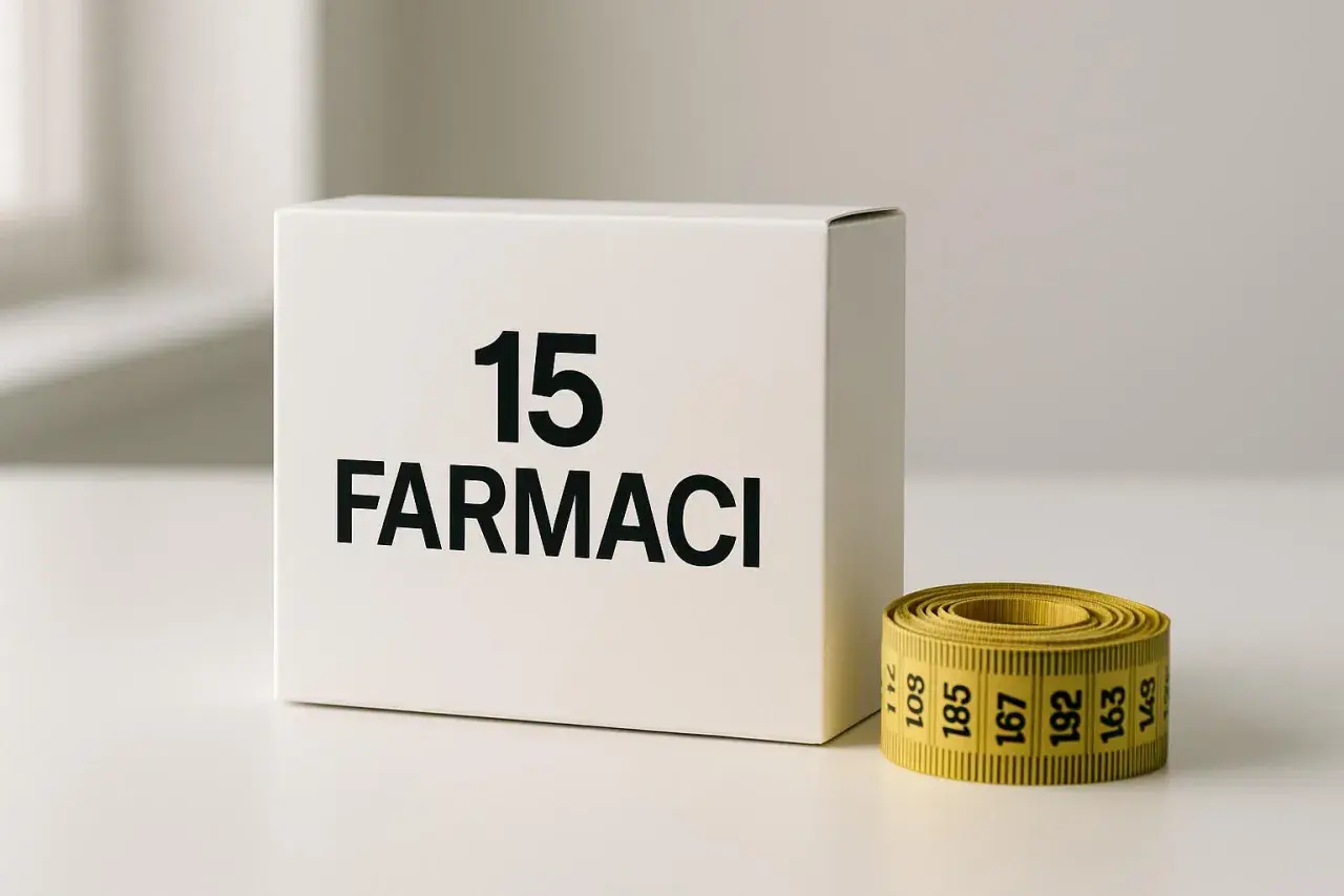 Scatola "15 Farmaci" e metro giallo arrotolato. Alcuni si chiedono se il baclofene fa ingrassare, ma la risposta è complessa.