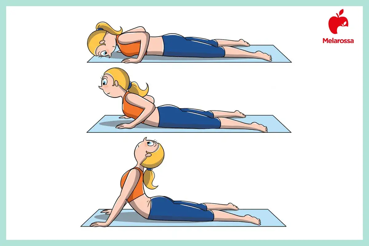 Illustrazione di una donna che esegue posizioni yoga per la digestione: cobra, cobra con testa sollevata e cobra completo.