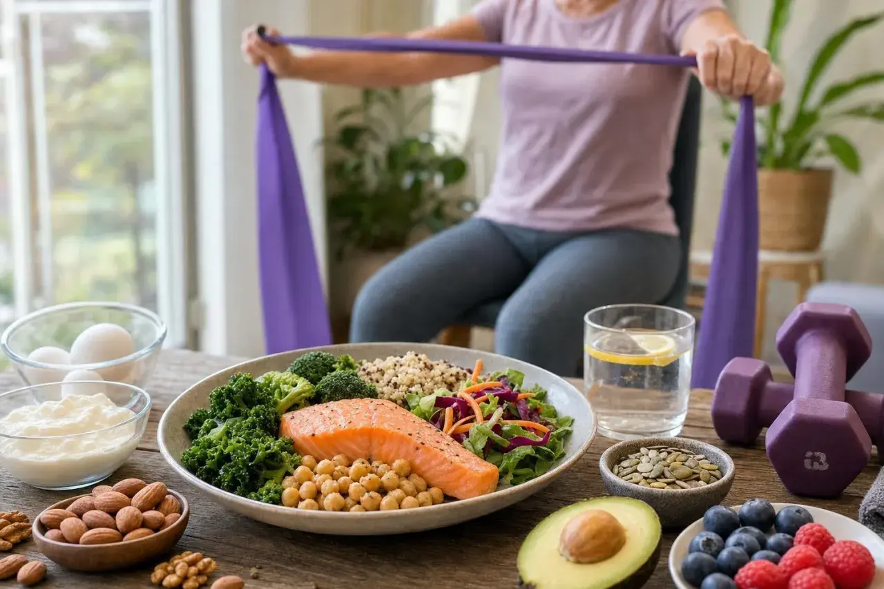 Piatto salutare con salmone, verdure e legumi, ideale per una dieta per osteoporosi. In background, una persona fa esercizi con elastico.