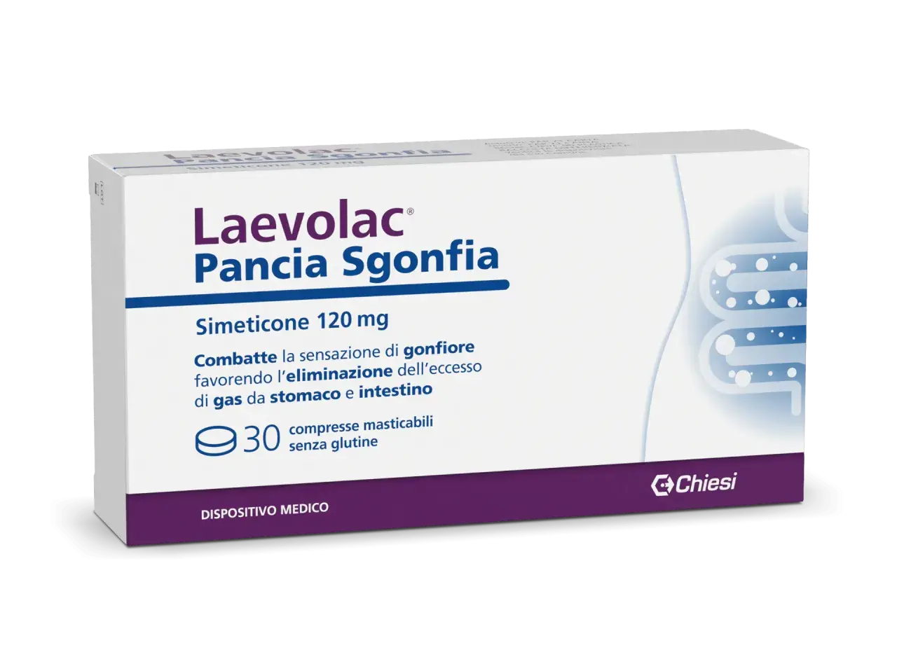 Laevolac Pancia Sgonfia, con simeticone, è un rimedio per il mal di pancia e il gonfiore, che aiuta a eliminare il gas.