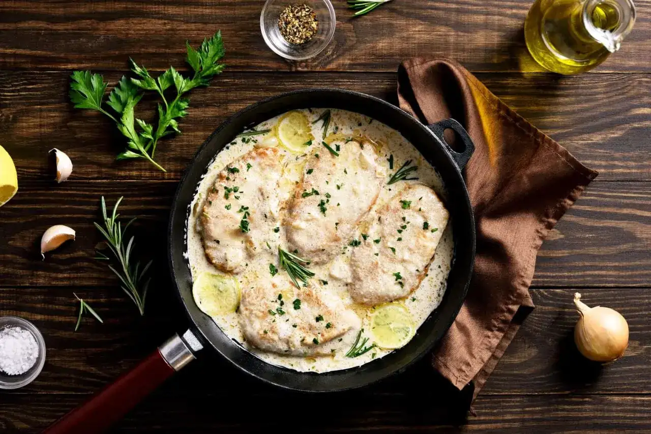 Deliziosa carne bianca in padella con salsa cremosa, limone e rosmarino. Un piatto invitante pronto per essere gustato.