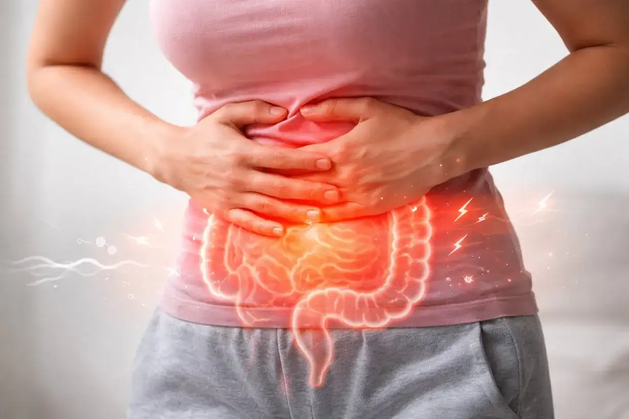Dolore addominale e gonfiore, sintomi comuni del colon irritabile, evidenziati da un'illustrazione luminosa dell'intestino.