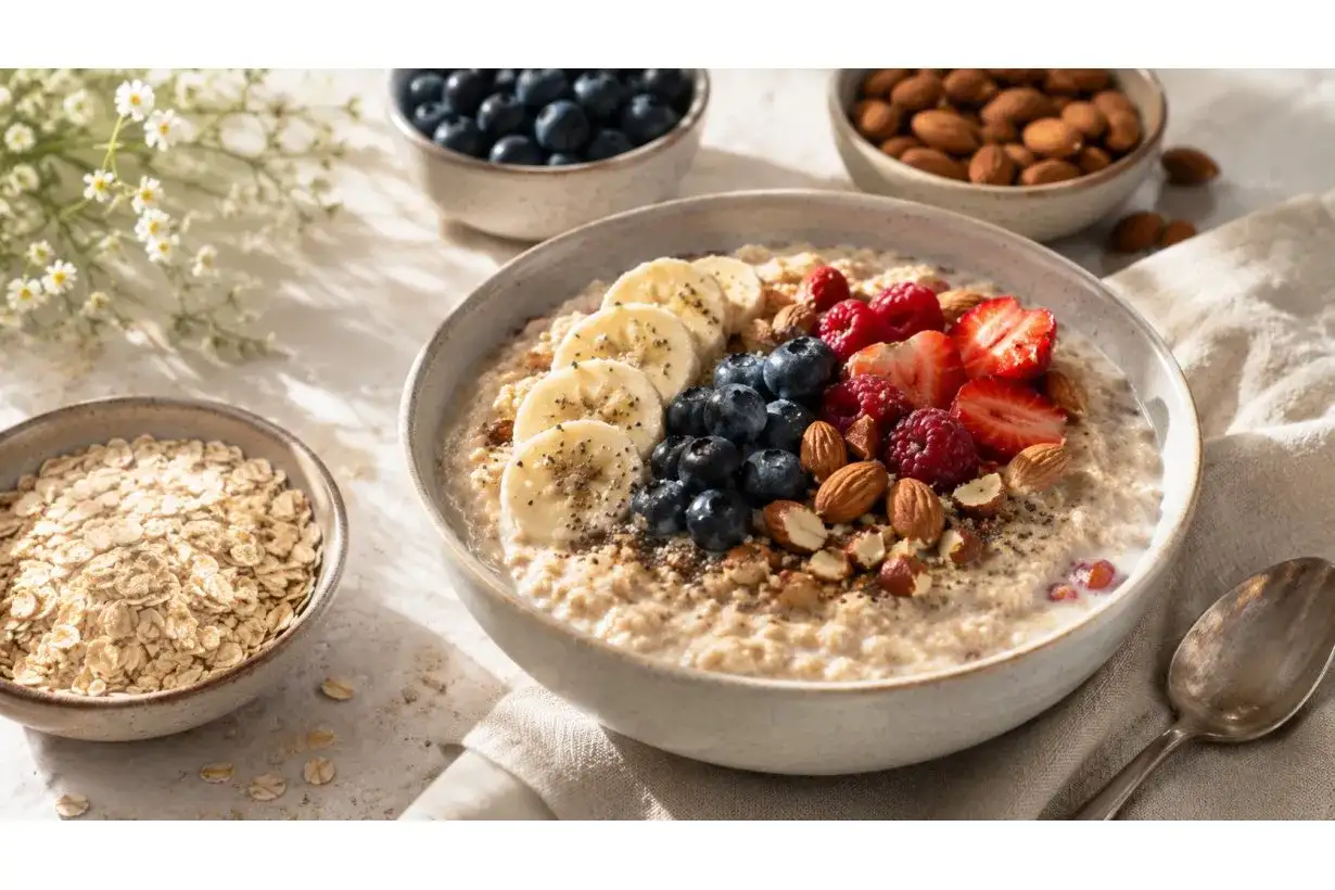 Una ciotola di fiocchi d'avena cremosa, guarnita con banane, mirtilli, lamponi, fragole e mandorle. Accanto, una ciotola di fiocchi d'avena crudi.