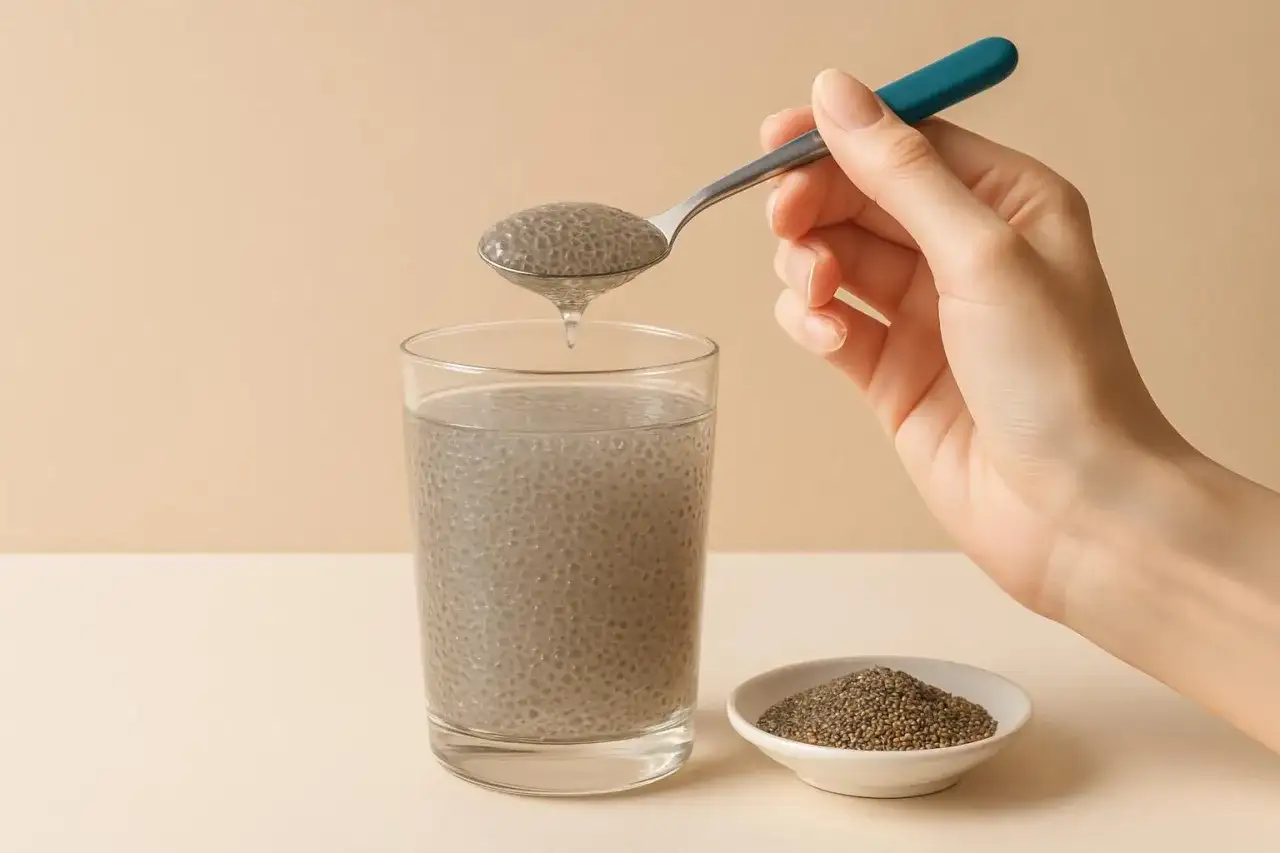 Un cucchiaio di semi di chia gelificati gocciola in un bicchiere d'acqua, mostrando i benefici dei semi di chia.