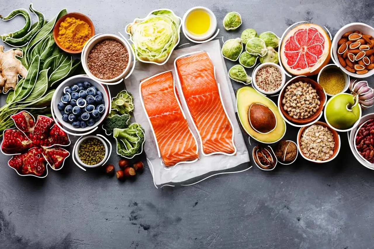Ingredienti per una dieta per osteoporosi: salmone, mirtilli, spinaci, semi di lino, mandorle, broccoli, avocado, melograno, noci.
