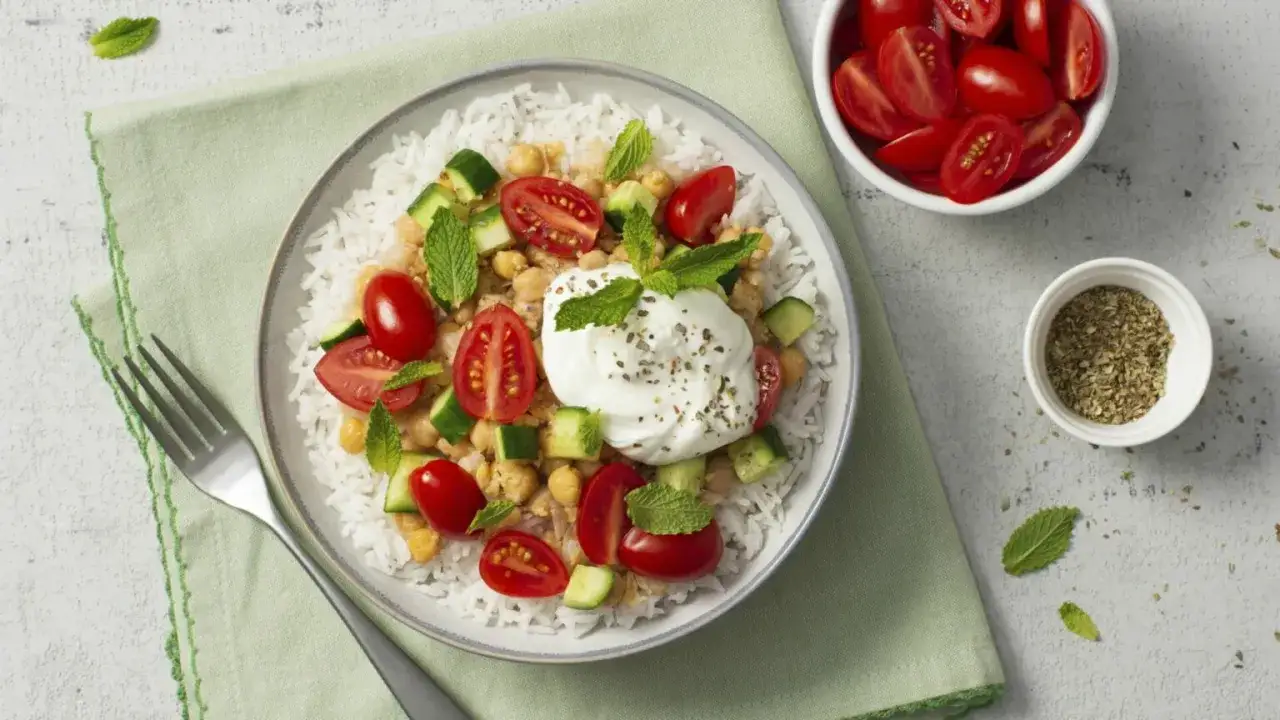 Piatto di riso basmati con ceci, pomodorini, cetrioli, menta e yogurt. Condimenti a lato.