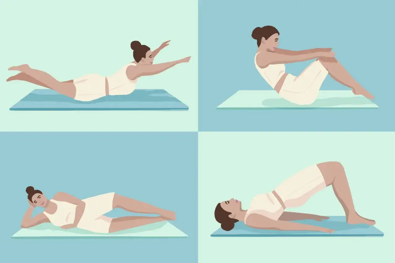 Quattro posizioni per esercizi addominali: superman, crunch, side plank e ponte.