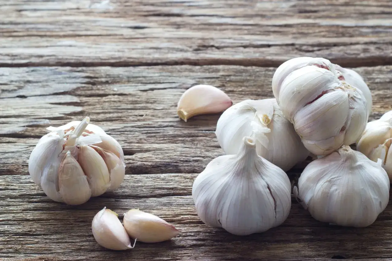 Aglio su legno grezzo. Si dice che l'aglio fa dimagrire, un ingrediente naturale per una dieta sana.