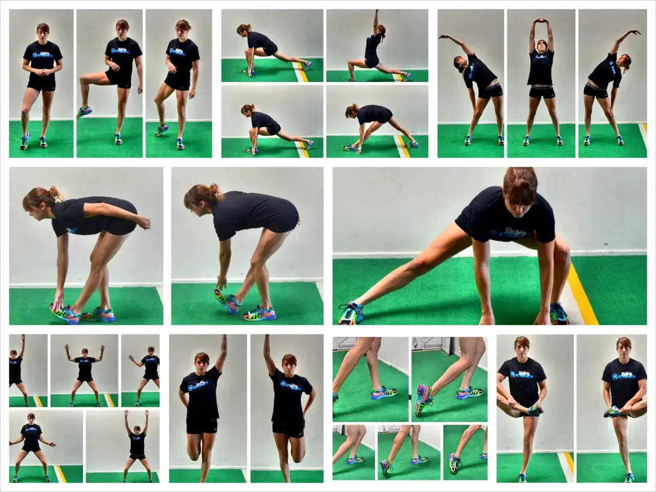 Collage di esercizi di stretching pre allenamento: affondi, torsioni, piegamenti e allungamenti dinamici per preparare il corpo.