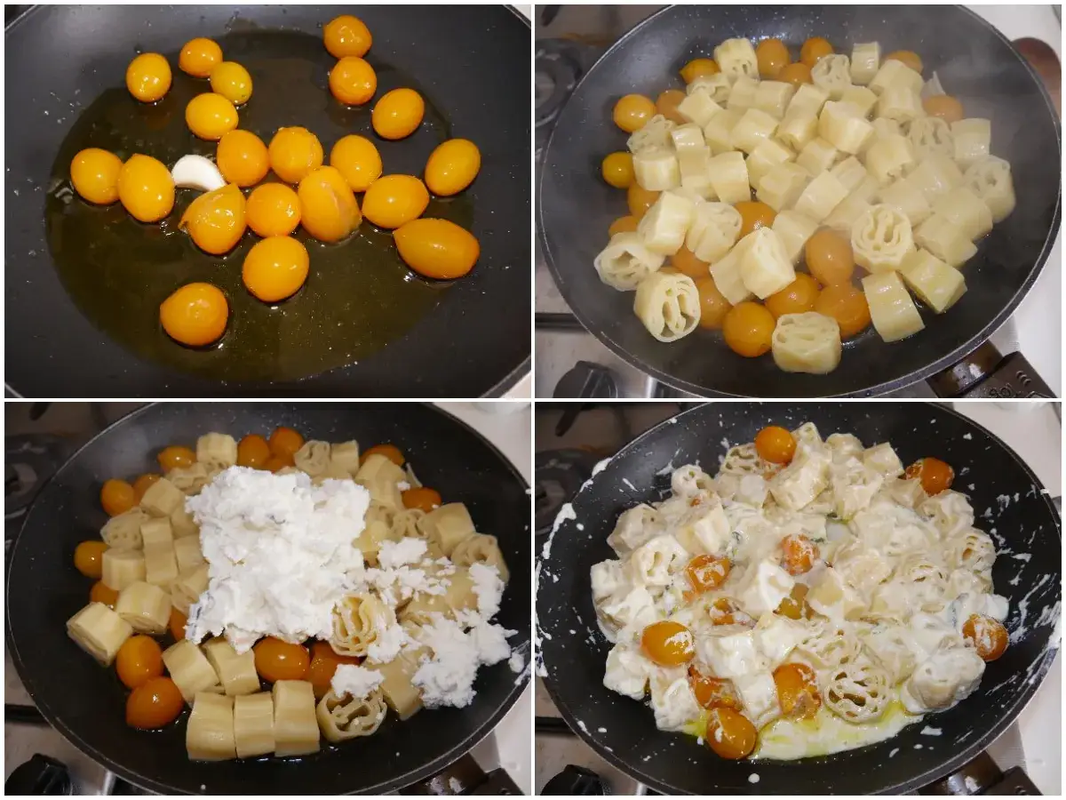 Preparazione di un primo piatto con pomodorini gialli, pasta e ricotta.