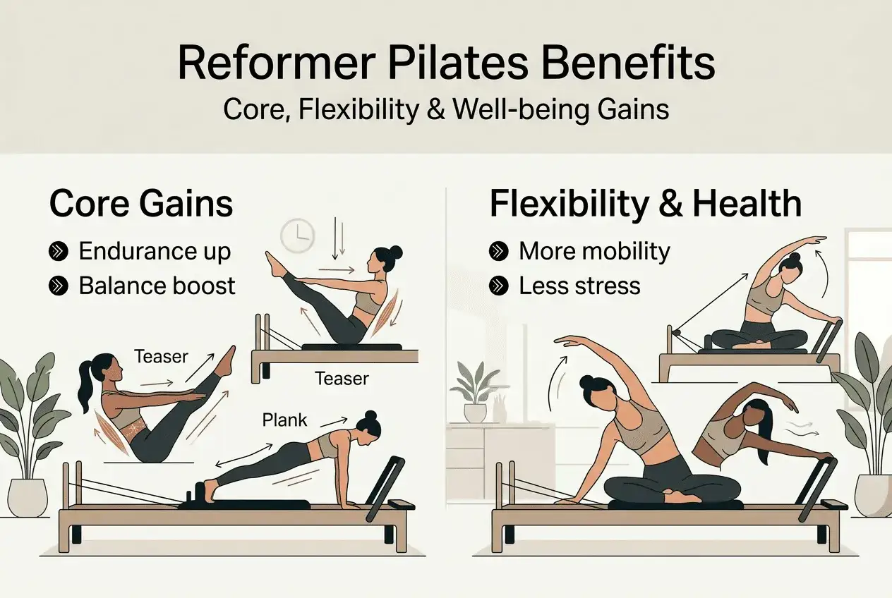 Scopri i benefici del pilates: core forte, flessibilit&agrave; e benessere. Esercizi sul reformer per migliorare resistenza e mobilit&agrave;.
