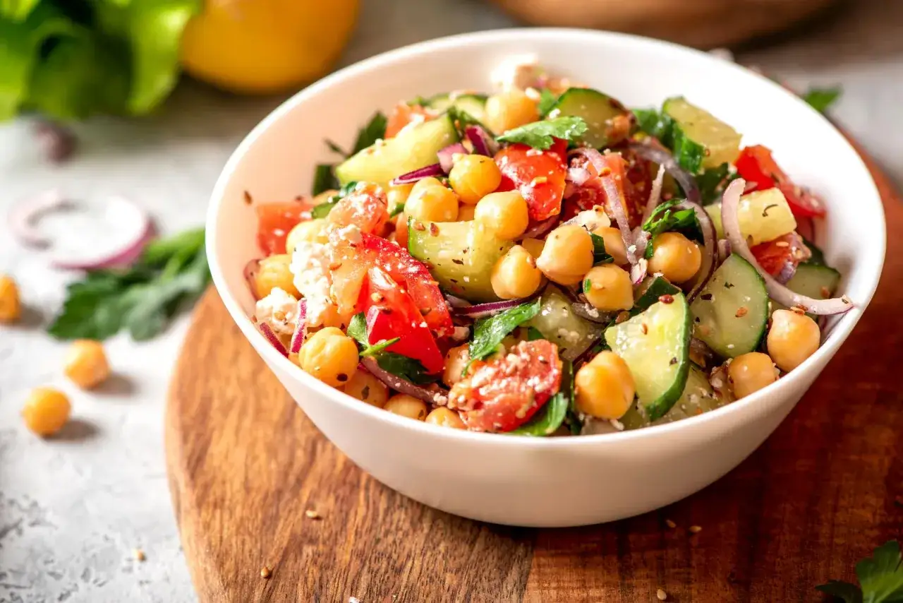 Insalata fresca con ceci, pomodori, cetrioli e cipolla rossa. Un'idea gustosa per le tue ricette con legumi.