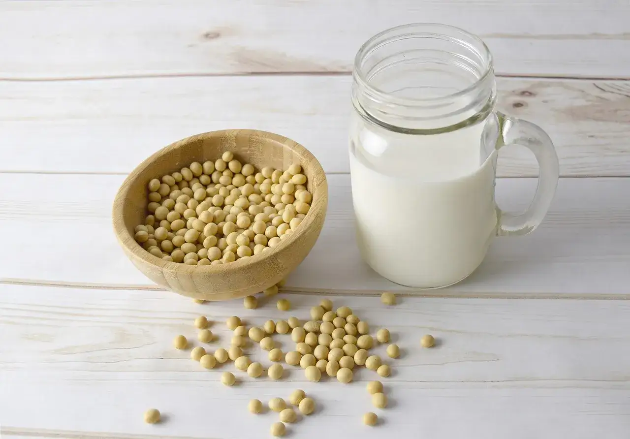 Un bicchiere di latte di soia accanto a una ciotola di semi di soia. Un'opzione per chi soffre di colon irritabile.