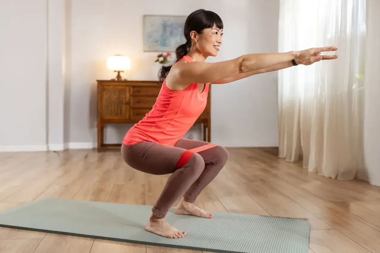 Donna esegue squat con elastico per allenare il core, rafforzando glutei e gambe.