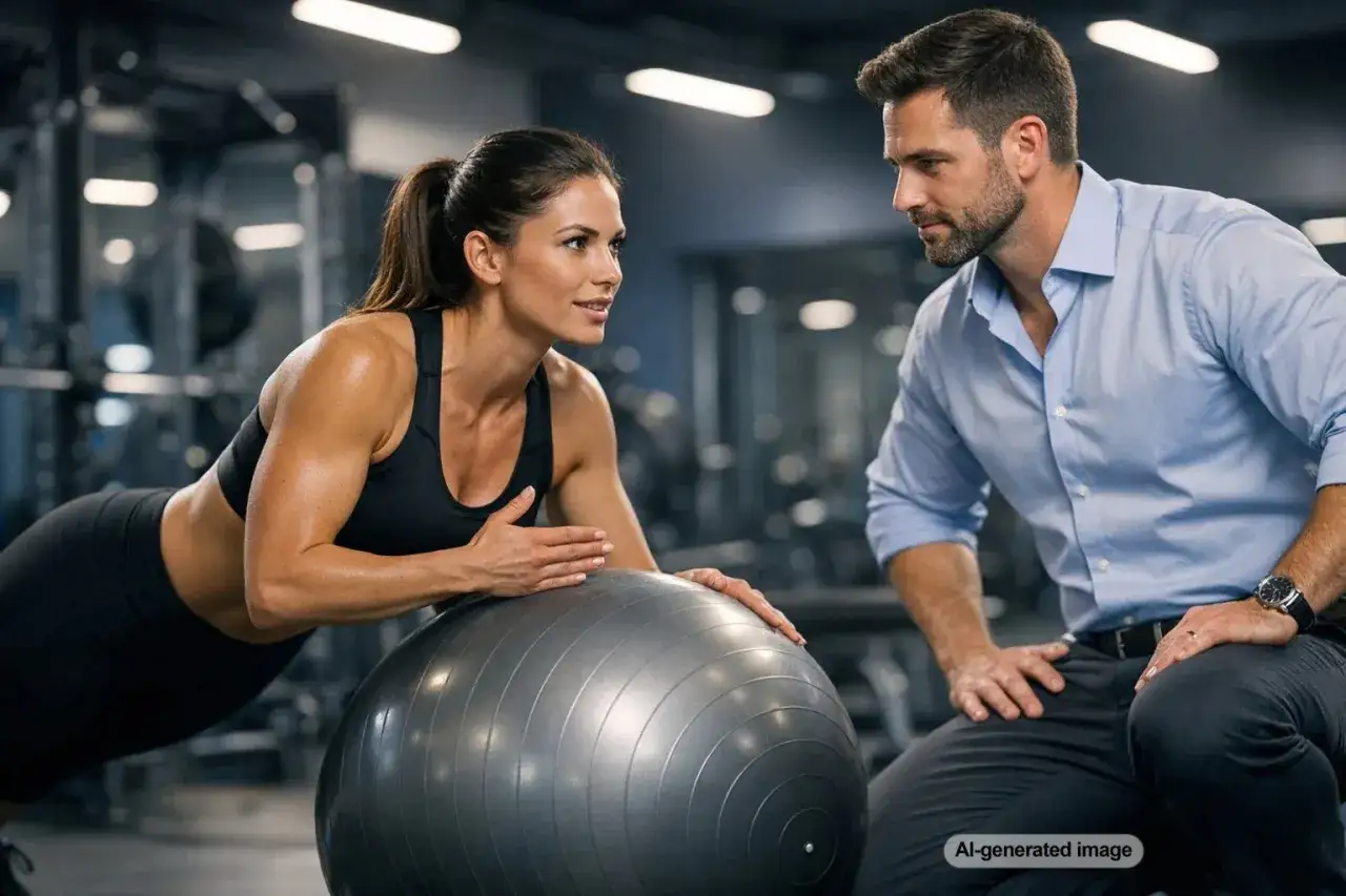 Donna in palestra con un personal trainer, concentrata su come dimagrire la pancia con esercizi mirati.