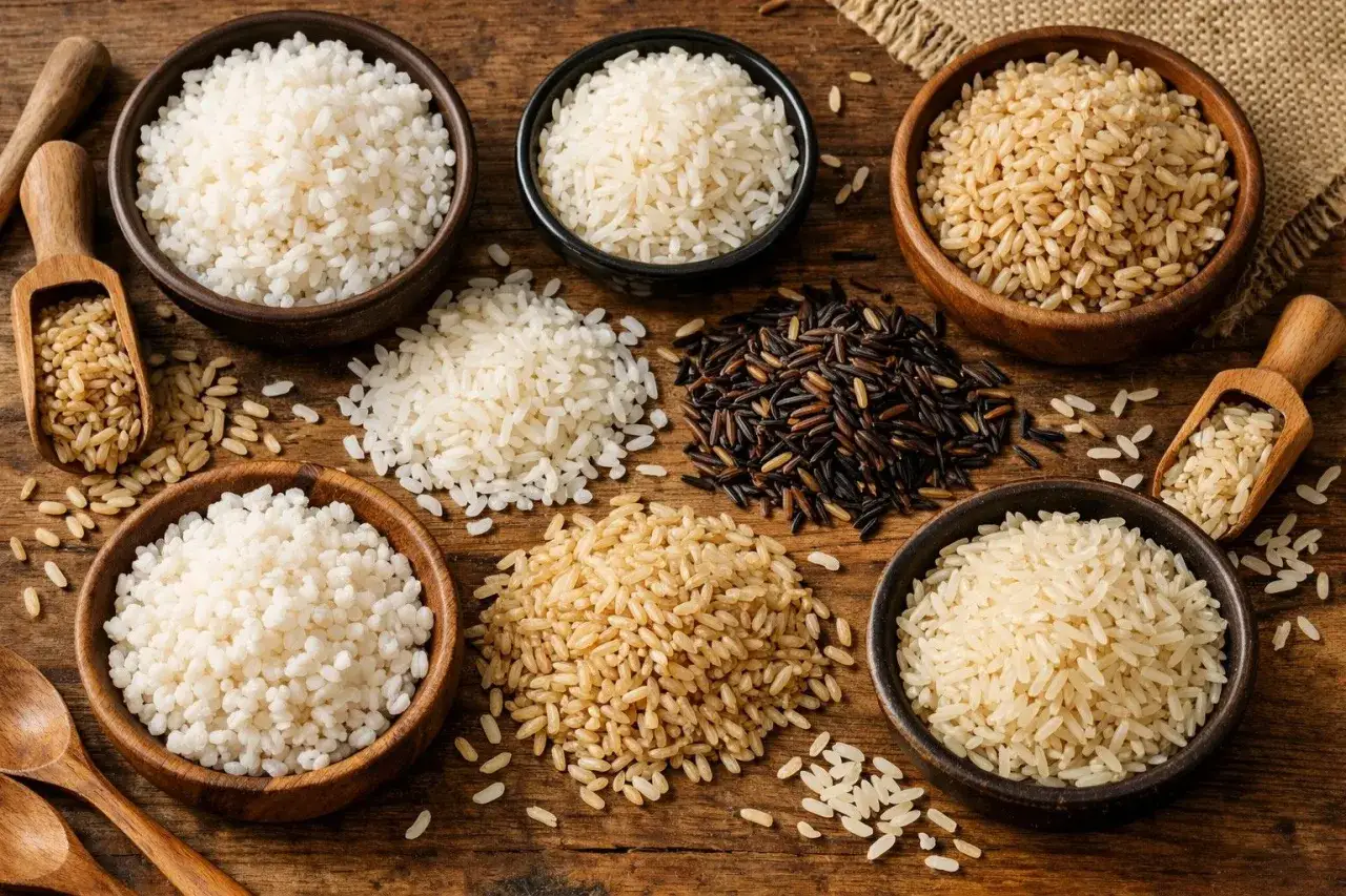 Variet&agrave; di riso su un tavolo di legno: riso venere o basmati, integrale, bianco e altri tipi.