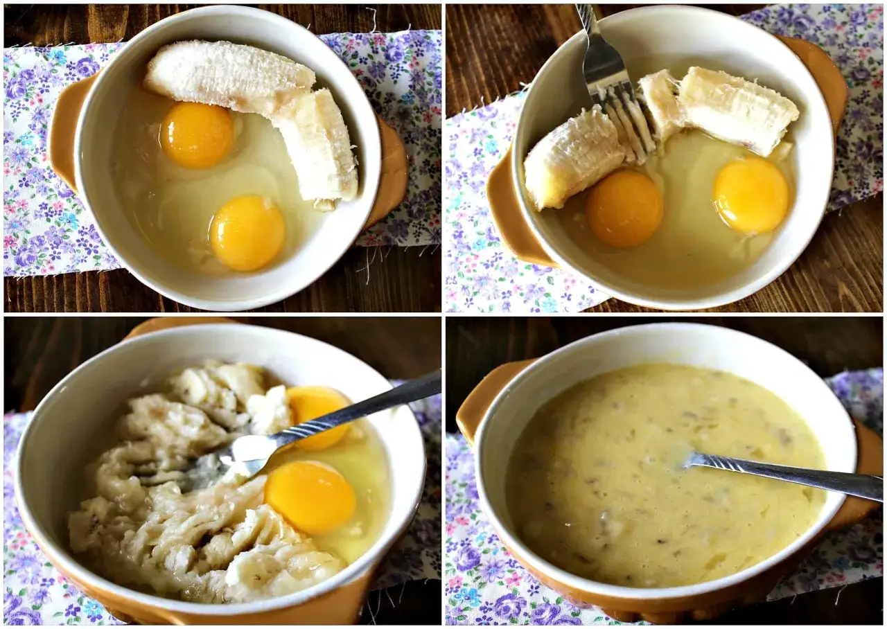 Preparazione di una torta: uova e banana, un mix che non fa male! La banana viene schiacciata e unita alle uova in una ciotola, poi il tutto viene mescolato.