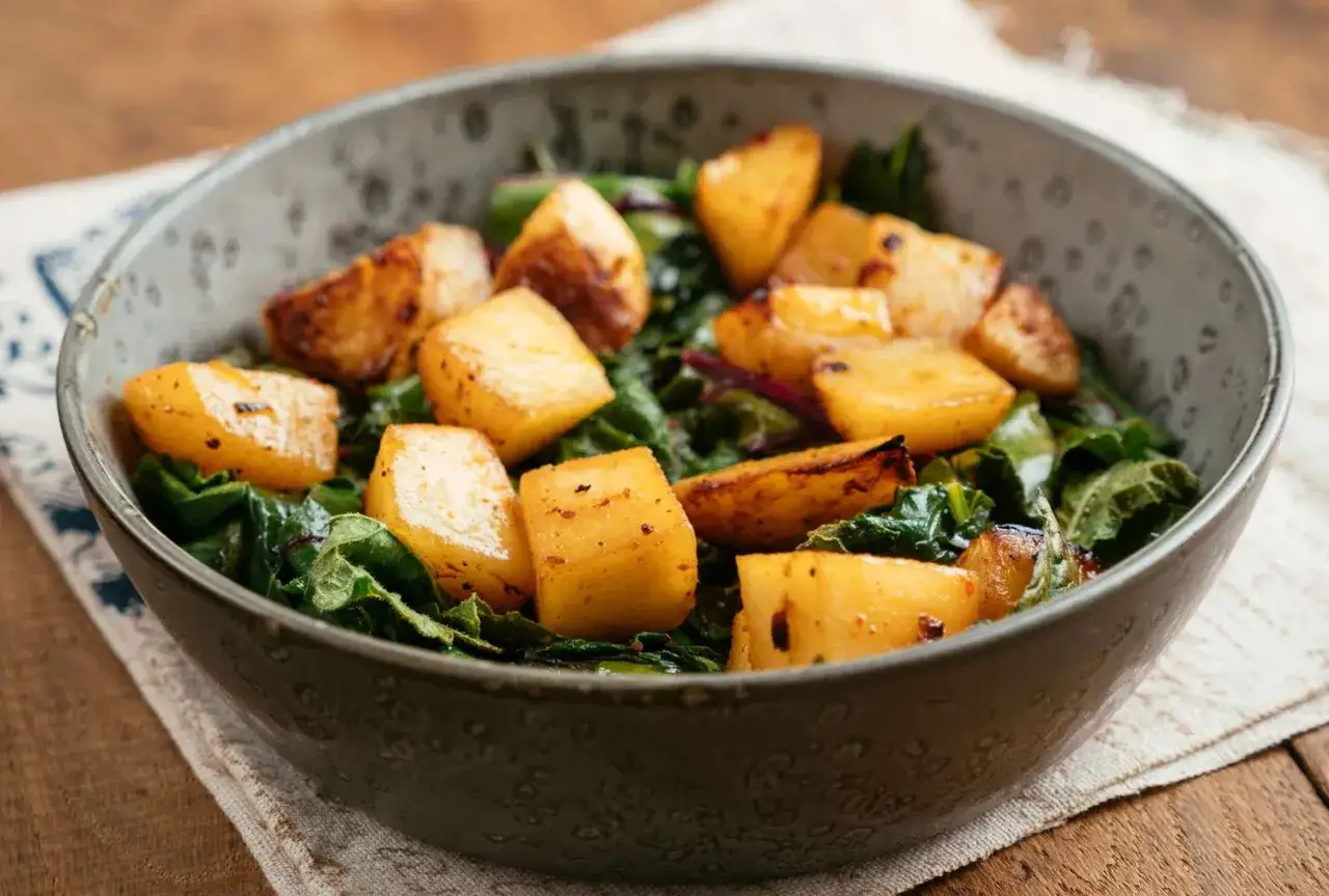 Patate arrosto su verdure a foglia verde, un piatto leggero ideale per una dieta per gonfiore addominale.