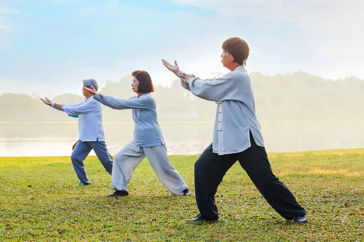 Persone anziane praticano tai chi in un parco, con movimenti fluidi e armoniosi vicino a un lago.