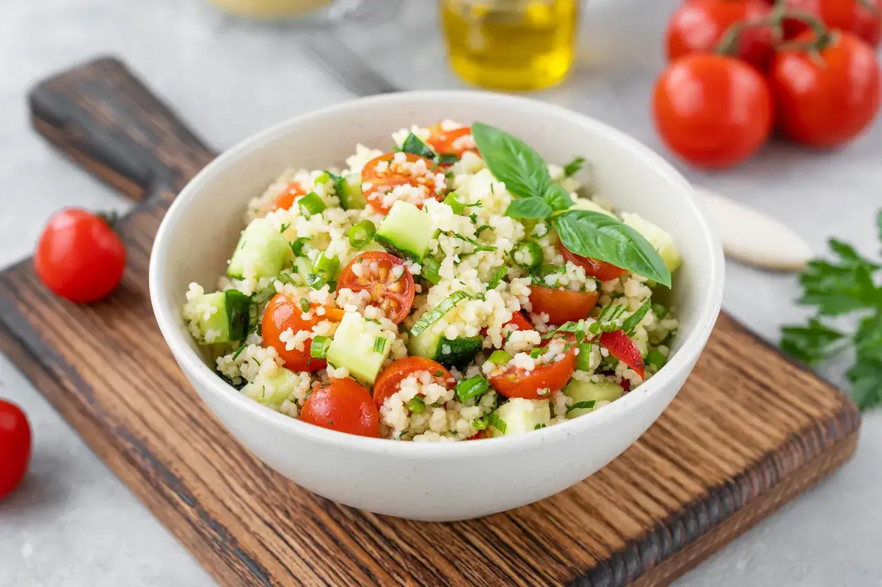 Insalata fresca di cous cous con pomodorini, cetrioli e basilico, ideale per chi soffre di colon irritabile.