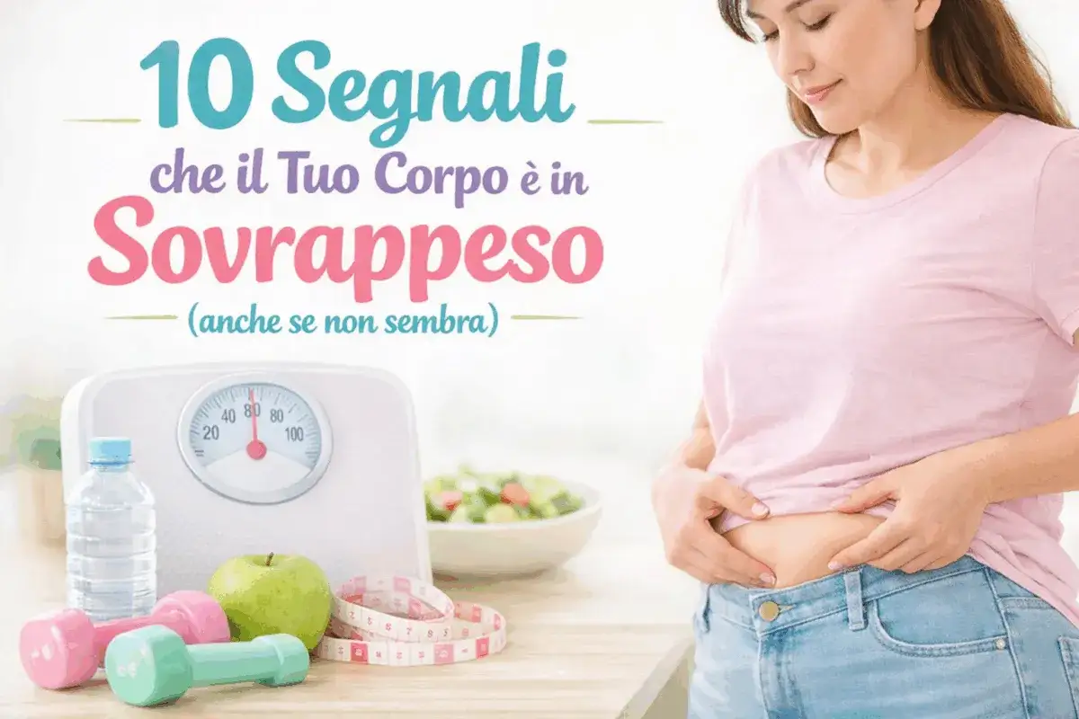 Donna che si pizzica il fianco, bilancia, manubri e mela. Segnali di sovrappeso, anche se non si raggiunge il peso forma.