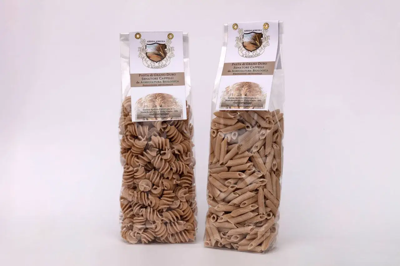 Due sacchetti di pasta artigianale: fusilli e penne, realizzate con grano senatore cappelli biologico, ricco di glutine.