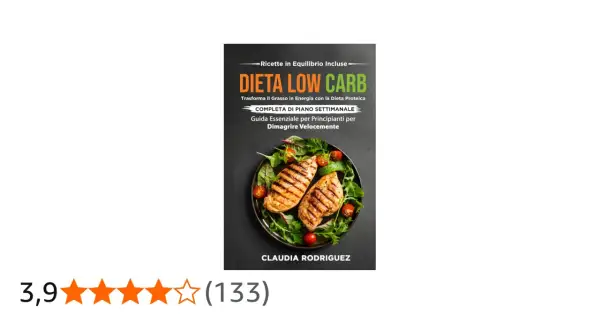 Copertina libro "Dieta Low Carb" con petto di pollo grigliato e insalata. Guida per dimagrire velocemente.