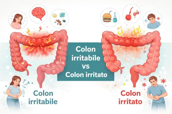 Colon irritabile: dolore addominale, stress e cibo. Colon irritato: infiammazione, batteri e cibi poco sani.