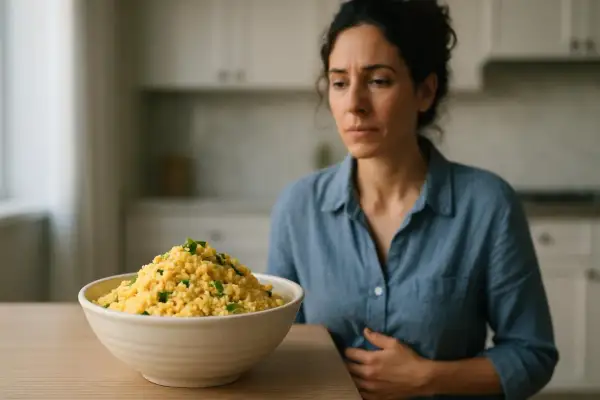 Donna con la mano sulla pancia, preoccupata davanti a una ciotola di cous cous. Forse il cous cous fa gonfiare la pancia.