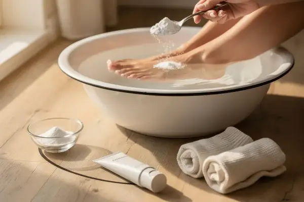 Un pediluvio rilassante con acqua e bicarbonato per piedi morbidi. Accanto, una crema e asciugamani pronti.