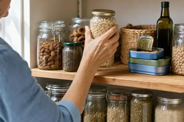 Mano che prende un barattolo di fagioli bianchi, parte di una dispensa piena di alimenti naturali, inclusi mandorle e semi di chia, ricchi di bifosfonati naturali.