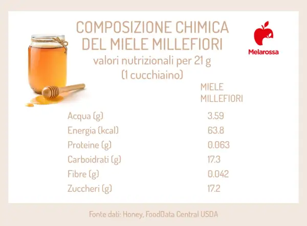 Composizione chimica del miele millefiori: valori nutrizionali per 21g. Scopri le proprietà del miele millefiori, ricco di zuccheri e carboidrati.