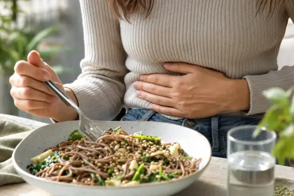 Donna con mano sulla pancia, forse il grano saraceno gonfia la pancia. Piatto di spaghetti integrali con verdure e un bicchiere d'acqua.