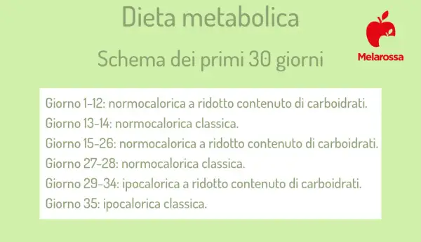Schema di dieta metabolica per i primi 30 giorni, con fasi normocaloriche e ipocaloriche, per accelerare il metabolismo.