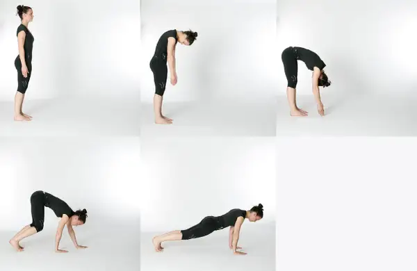 Sequenza di esercizi per il **roll up pilates**: dalla posizione eretta, piegamento in avanti, posizione a quadrupede, plank e ritorno.