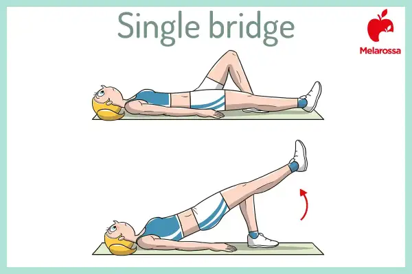 Esercizio "Single bridge" per rafforzare i muscoli del core. Una donna solleva il bacino da terra, con una gamba tesa in aria.