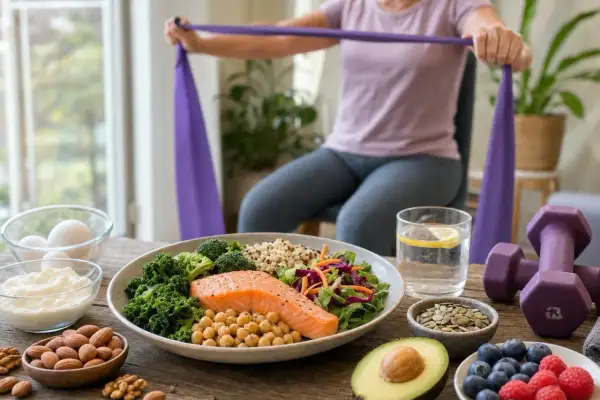 Piatto salutare con salmone, verdure e legumi, ideale per una dieta per osteoporosi. In background, una persona fa esercizi con elastico.